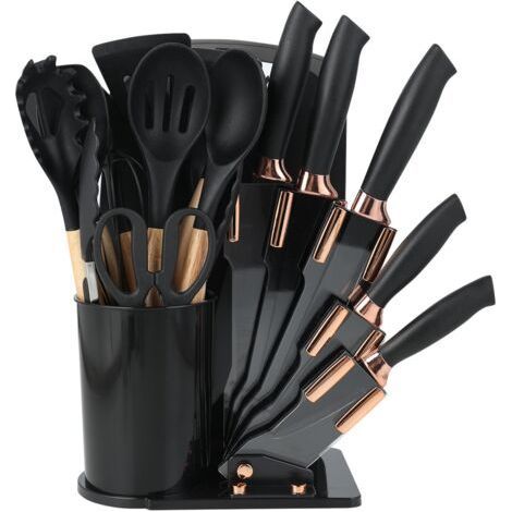 Lot de 19 couteaux de cuisine en silicone avec 12 ustensiles de cuisine, 5 couteaux, planche à découper et support, passe au lave-vaisselle (1/5)