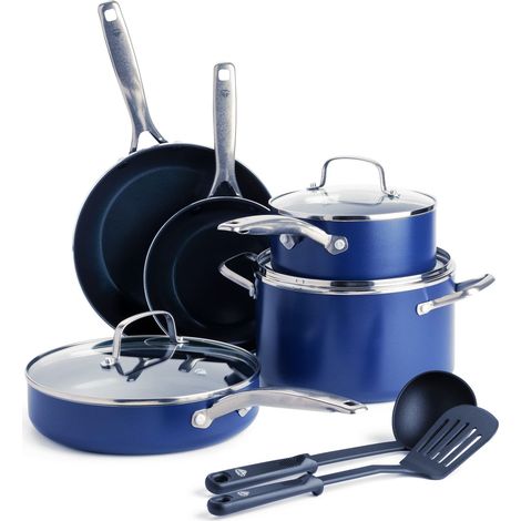 Batterie de Cuisine avec Revêtement Antiadhésif en Céramique Renforcé avec des Diamants, Set de 10 Poêles et Casseroles, Sans PFAS, Va au Lave-vaisselle et au Four, Bleu (1/5)