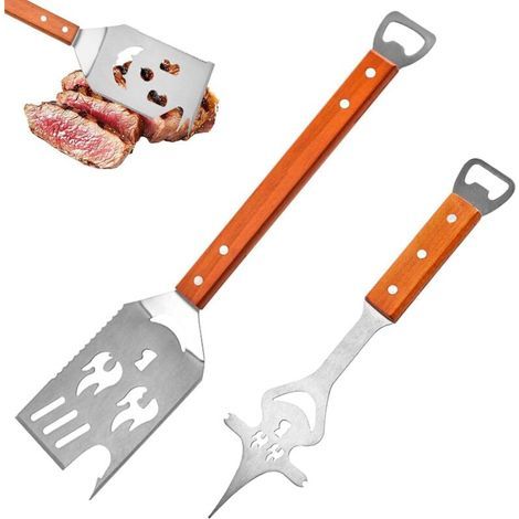 8-in-1 Grillbesteck-Set: 42 cm langer Pfannenwender und 33 cm lange Gabel, Edelstahl- und Holzgriff mit Flaschenöffner, ideal für Zuhause, Camping und Picknicks. (1/4)
