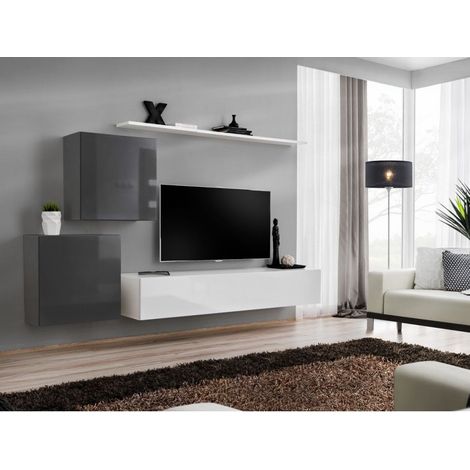Ensemble mural - Switch V - 1 vitrine carrée - 1 banc TV - 1 étagère - Blanc et graphite - Modèle 2 - Livraison gratuite
