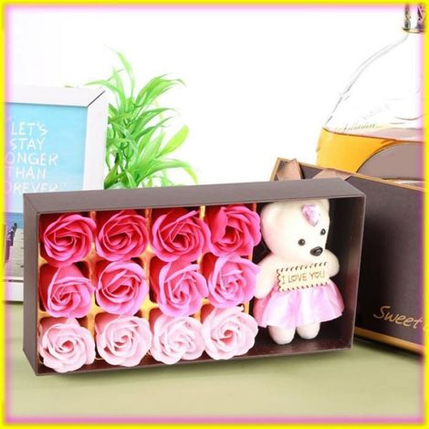 EJ.life Bouquet rose en savon avec ours en peluche - Cadeau romantique de la Saint Valentin avec boîte (Rouge) Dégradé rose (1/5)