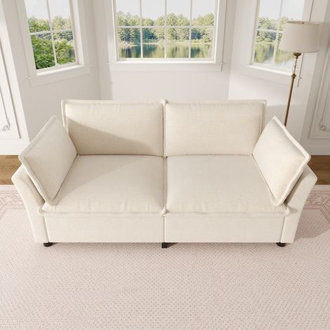 Canapé 2 places 155x81x87cm compact assise moelleuse style Cloud, coussins accoudoirs, petit espace, chenille, beige (1/5)