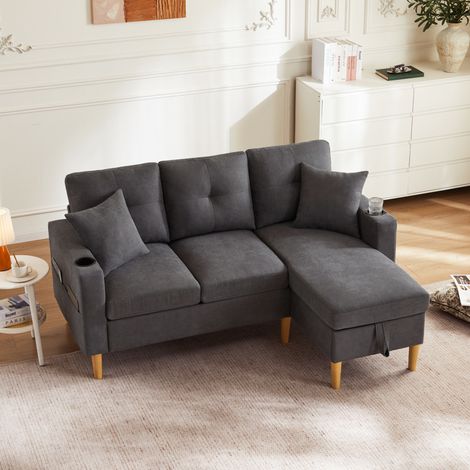 Divano angolare 175x129x90 cm in tessuto grigio con porta bicchieri, per spazi piccoli – MEUBLIV (1/5)
