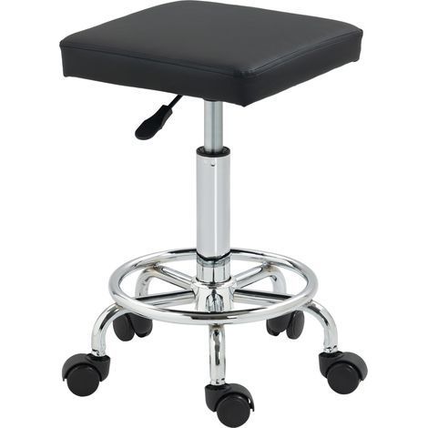 Tabouret pivotant réglable, noir, salons ateliers 34x34x50-66 cm, repose-pieds rembourré, roulettes (1/5)