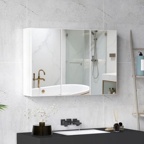 Armario de baño con espejo moderno blanco, 3 puertas de espejo, 5 estantes, mural 90 x 15,5 x 60 cm (1/5)