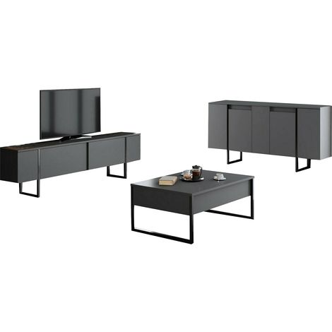 Wohnzimmermöbel-Set Pignano, modulbar, 4 Fächer, Klapptüren, Anthrazit-Schwarz