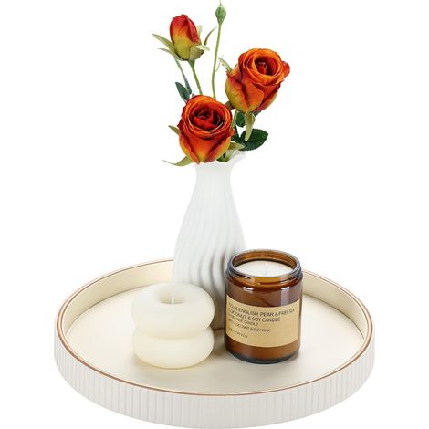Plateau de Service,Rond Plateau decoratif en Cuir Porte Bougie Chauffe Plat Table de Chevet Vide Poche, Organiseur pour Table de Cuisine, Salon, Chambre à Coucher, Salle de Bain(Blanc Ivoire) (1/5)