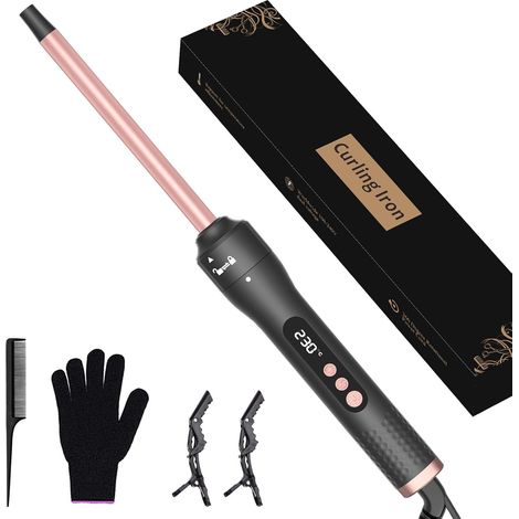Karrong Curling iron 9 mm - Fer à boucler professionnel extra fin de 9 mm, température réglable jusqu'à 230 °C, avec gant anti-chaleur, pinces et peigne pour des boucles serrées et spirales parfaites (1/5)