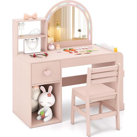 COSTWAY Coiffeuse Enfant Fille avec Chaise et Miroir Lumineux, Bureau Enfant avec Bibliothèque Ouverte & Tiroir & Compartiment & Étagères, Style Princesse, Charge 50/75kg pour 3 Ans+ (Rose) (1/5)
