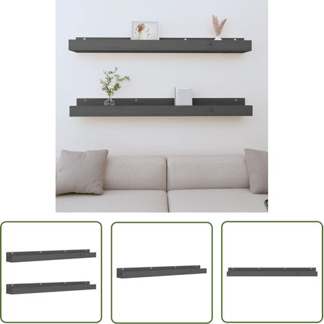 The Living Store Étagères murales 2 pcs Gris 110x12x9 cm Bois de pin massif - Étagères Murales - Étagères Flottantes - Étagères Bois - Décoration Murale - Rangement Mural (1/5)