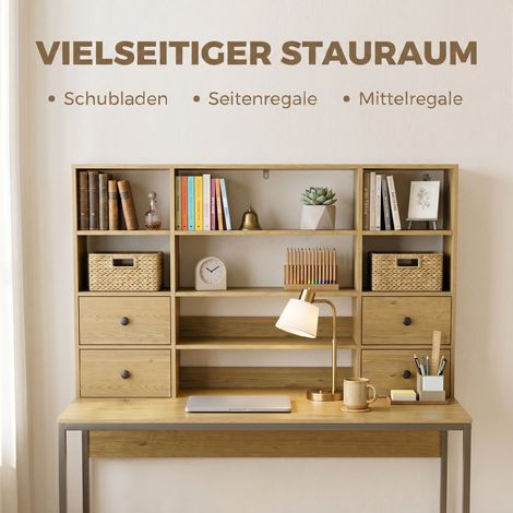 Bureau d'ordinateur avec 4 tiroirs et étagères, table de travail 105 cm, bois naturel (1/5)