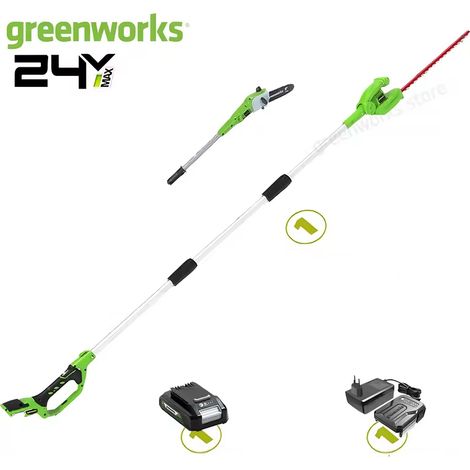 Greenworks 2-en-1 Élagueuse sur perche et Taille-haies 24V - Lame 8 pouces, largeur de coupe 51 cm - Sangle incluse - Batterie 2Ah + chargeur