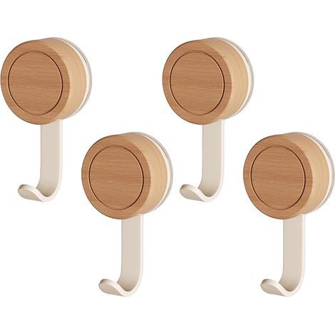 Crochet Ventouse Salle de Bain, 4 Crochet Adhesif Mural en Bois, Réutilisables Crochets Adhesifs Muraux, Crochet Plafond Sans Percer pour Salle de Bain Cuisine (Blanc)