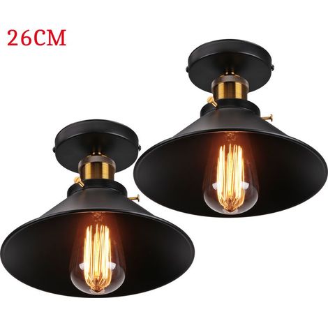 Plafonnier Vintage Rétro Lampe de Plafond Industrielle Fer Abat-jour 26cm Noir 2PCS (1/5)