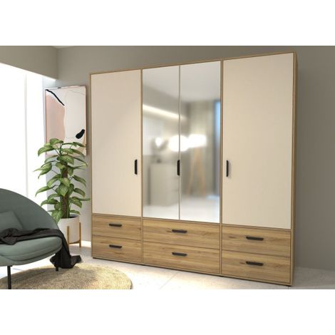Armoire de chambre - MOKKARO - Décor Chêne et sable - 4 portes battantes - 6 tiroirs - 2 miroirs - L205,9 x P52,7 x H200cm (1/5)