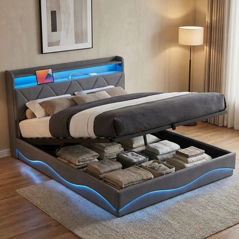 Letto contenitore 140x200 con rete a doghe, letto matrimoniale imbottito trapuntato con illuminazione LED e porta USB, testiera con contenitore, velluto, design moderno ondulato, Grigio