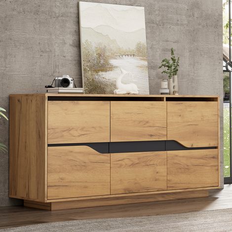 Aparador de 3 puertas 140 x 40 x 70 cm en tablero de partículas, madera y negro DESVIAE (1/5)