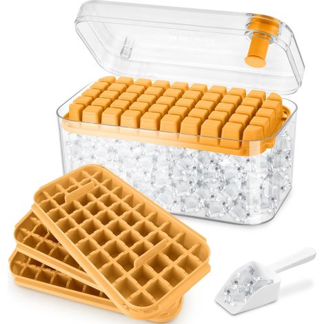 Eiswürfelform mit 150 Eiswürfeln, Eiswürfelbehälter mit Deckeln, einfach drücken zum Herauslösen des Eises, 3 Ebenen, 1 Eisbehälter und eine Schaufel (Orange)