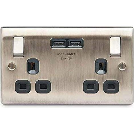 Prise de Courant en Laiton Antique avec Double Interrupteur 13 A avec Chargement USB 2 Prises USB 3,1 A Insert Noir (1/4)