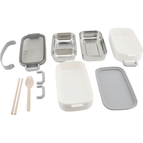 Boîte Déjeuner 304 Inox Étanche Empilable Container avec Baguettes Cuillère – École Bureau Camping 2 Couches, Blanc (1/4)