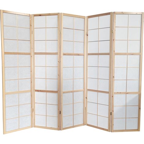Pegane – Paravent japonais en bois naturel 5 pans – Hauteur 175 cm – Longueur 220 cm – Charnières modulables pour agencement flexible