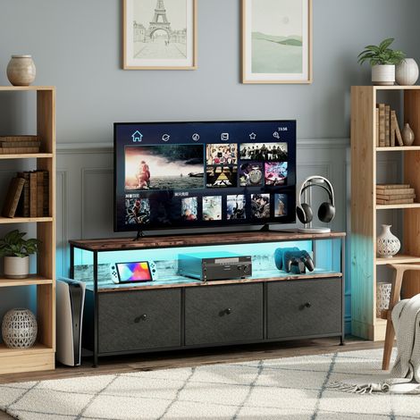 Meuble TV rétro - Noir - 3 tiroirs, 137x29x57 cm, panneau à motif peau tigre, éclairage d'ambiance LED, pieds réglables hauteur, structure en métal (1/5)