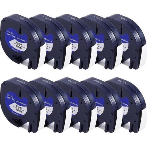 LYERCW - Lot de 10 recharges pour imprimante d'étiquettes Dymo Letratag : ruban d'étiquettes en plastique blanc de 12 mm x 4 m pour Letra Tag (1/5)