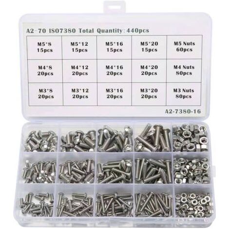 Kit 440PCS M3 M4 M5 en Acier inoxydable Bouton à tête hexagonale Socket Tête Câble Boulons Vis Écrou de Blocage Assortiment Kit avec Boîte de Rangement (1/5)