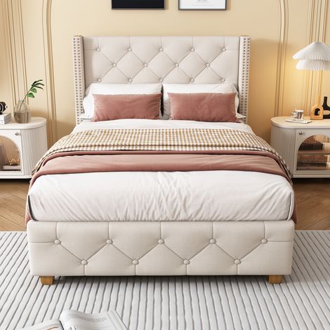 Beige Upholstered Single Bed(3ft,90x190cm)with Slatted Frame,Headboard,and Wooden Legs