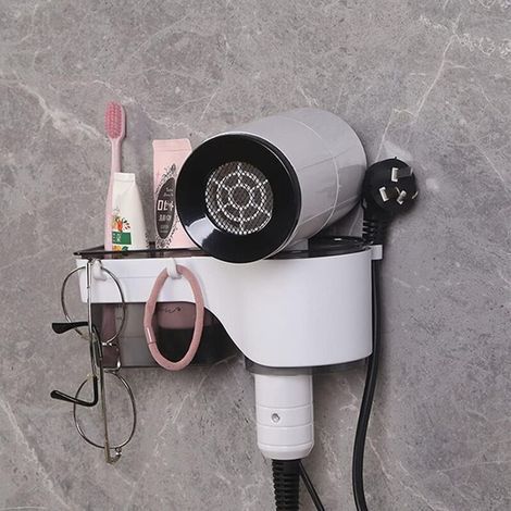 Support de sèche-cheveux, organisateur de sèche-cheveux mural et support de lisseur, support de support d'outils de salle de bain avec support de rangement, crochet de prise et 2 crochets (noir et bla (1/5)