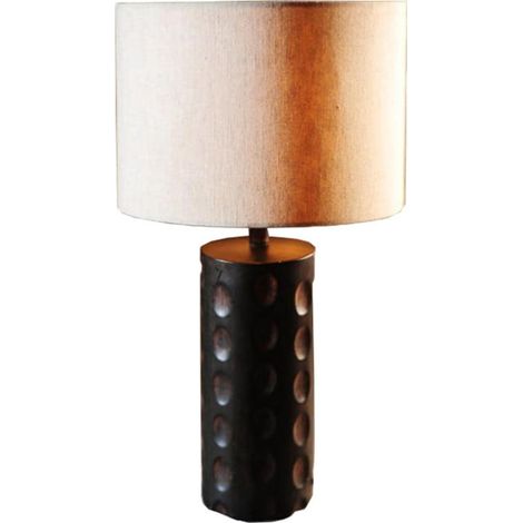 Lampada da terra africana con paralume in lino in stile legno intagliato