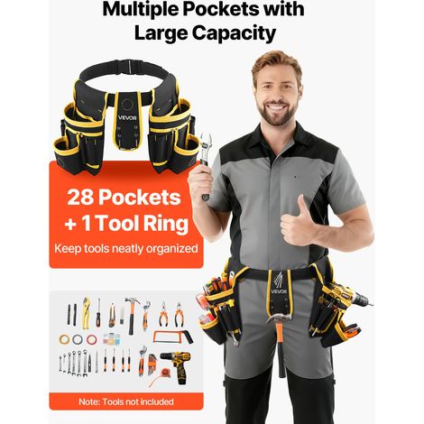 Ceinture Porte Outil 28 Poches Ceinture à Outils Tour de Taille Ajustable 78,7-121,9 cm Sacoche Charpentier Amovible Réglable Sac à… (1/5)