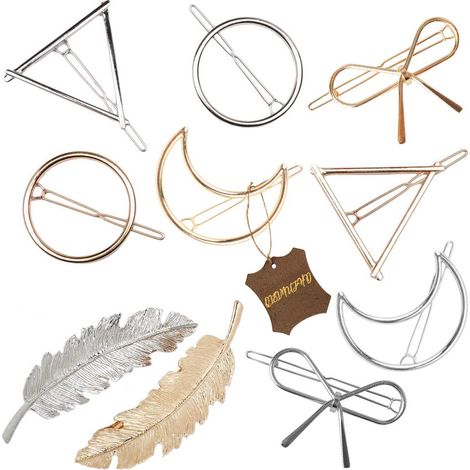 Pinces À Cheveux - Alliage Métallique - Design Géométrique Cercle Lune Papillon Triangle Feuille - Or Et Argent - Lot De 10 (1/5)