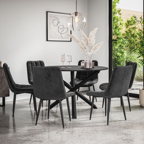 Malvern Round Dining Table And Chairs - Black Table Top w Solid Black Oak Legs + Nova Velvet Dining Chair Set Of 6 (Black) (1/5)
