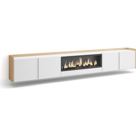 Skraut Home – Meuble TV suspendu mural avec cheminée électrique XXL – Grand rangement blanc et chêne clair – Pour TV jusqu'à 80" – Style moderne (1/5)