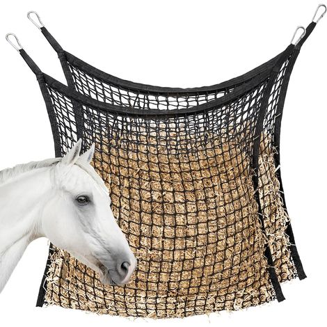 Filets à foin à alimentation lente pour chevaux – 2 sacs à foin noirs de grande capacité, pour l'alimentation quotidienne des chevaux, chèvres, moutons et ânes. Faciles à remplir et à suspendre, ils c (1/4)