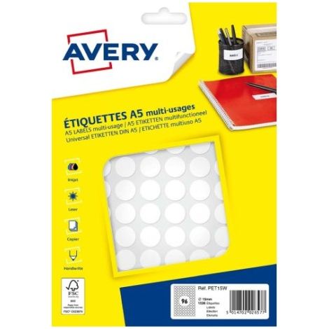 Étiquettes rondes multi-usages blanches Ø 15 mm Avery PET15W - Pochette de 1536