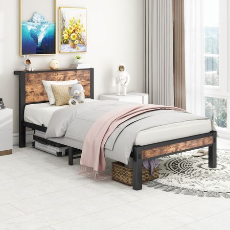 Cama 90x200 individual de metal con almacenaje marrón OKMYHOME (1/5)