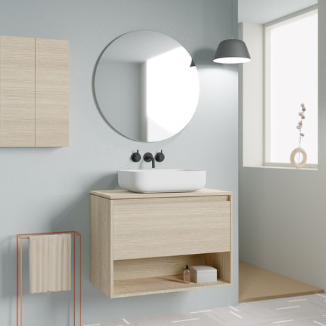 Meuble salle de bain suspendu avec vasque posée NIWA TOP chêne sablé 80 cm Miroir inclus (1/5)