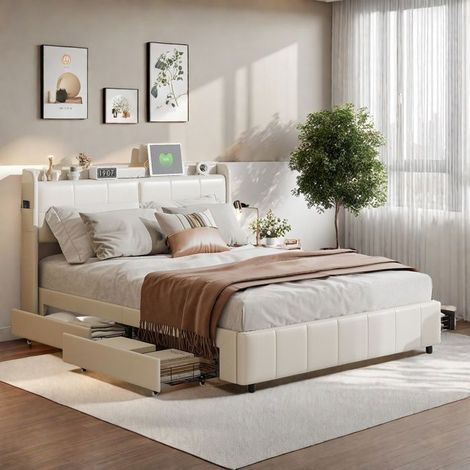 Cama con cofres dobles 160x200 cm, Cama 160x200 cm, Cama para adultos con somier de listones y 4 cajones, Cabecero con almacenamiento y USB, Beige (1/5)