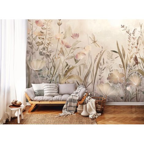 Fototapete Natur Wiese Blumen Boho Beton, für Wohnzimmer und Schlafzimmer, 150 x 105 cm – Komplettset inkl. Kleister & Anleitung (1/5)