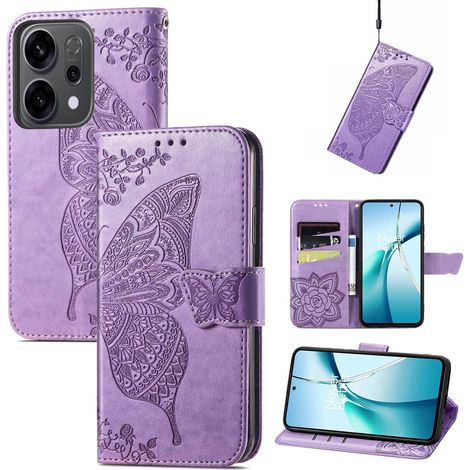 Funda tipo libro para Oppo Reno 14, con estampado de mariposa en relieve, color morado. (1/5)