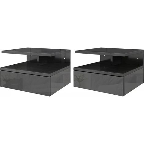Lot de 2 comodini suspendus modernes avec tiroir et étagère en bois 35x32x22.5cm noir brillant