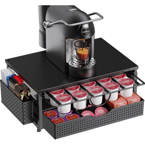 Support de dosettes de café avec tiroir de rangement coulissant à 2 niveaux et 1 panier suspendu pour 51 grandes ou 73 petites capsules, accessoires de rangement pour comptoir, bureau, cuisine (noir (1/5)