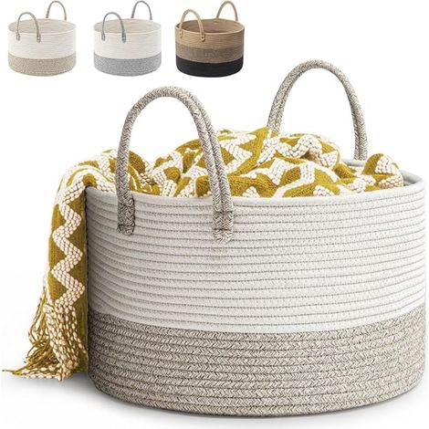 Corbeille à Linge en Coton Tissé D40 x H25 CM Panier de Rangement en Corde de Coton Pliage Grande Capacité Avec Anse Convient à la Décoration Intérieure (Marron) (1/5)