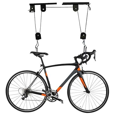 Lift de vélo pour garage, montage au plafond, avec système de poulie, capacité de charge de 60 kg, crochets enduits, suspension de vélo peu encombrante pour le stockage au plafond des VTT et (1/5)