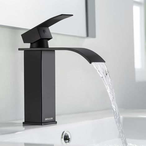 Robinet Lavabo Cascade Noir, Robinet Salle Bain Noir avec l'Eau Froide et Chaude Disponible, Mitigeur Lavabo Inox 304, Robinetterie Salle de Bains Design Elégant (1/5)