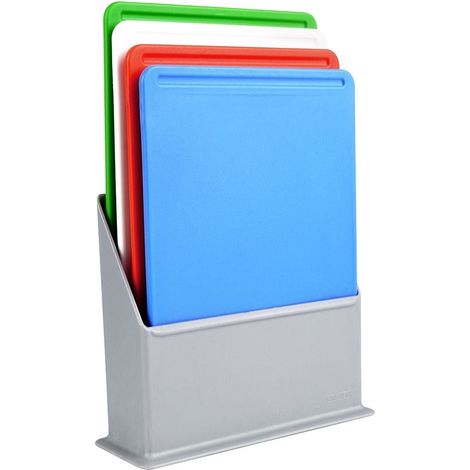Colorful kitchen boards with stands for various food items