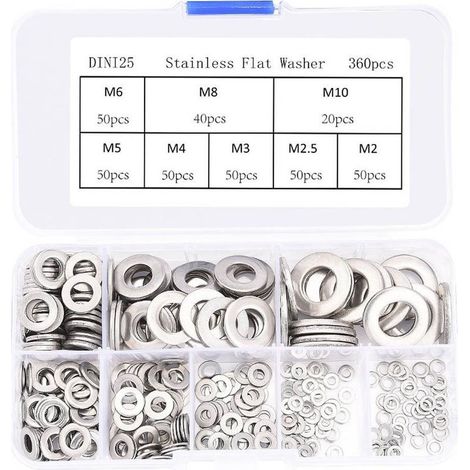 360 Pièces Inox Rondelles Plates Metal, pour Gonds de Porte, 8 Tailles Rondelles Acier Inoxydabl 304 - M2 M2.5 M3 M4 M5 M6 M8 M10 Rondelle Carrossier Inox (1/5)