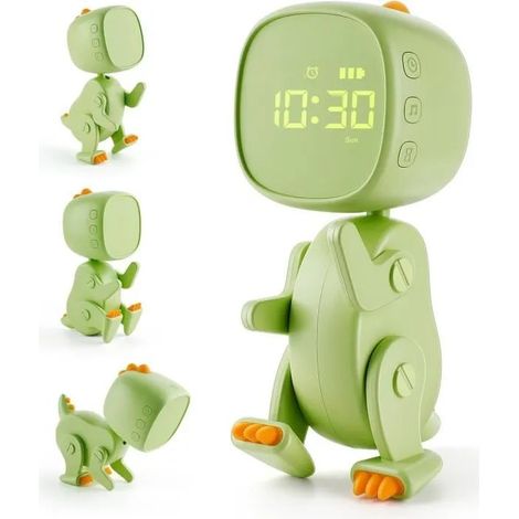 Réveil dinosaure pour enfants, vert, rechargeable avec veilleuse, fonction snooze et minuteur (1/4)